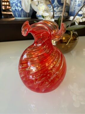 Murano Red and Gold Swirl Handblown Glass Vase